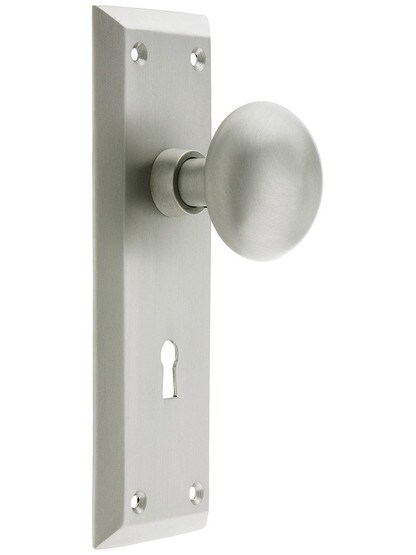 New York Mortise Lock Set With Round Brass Knobs in Satin Nickel.